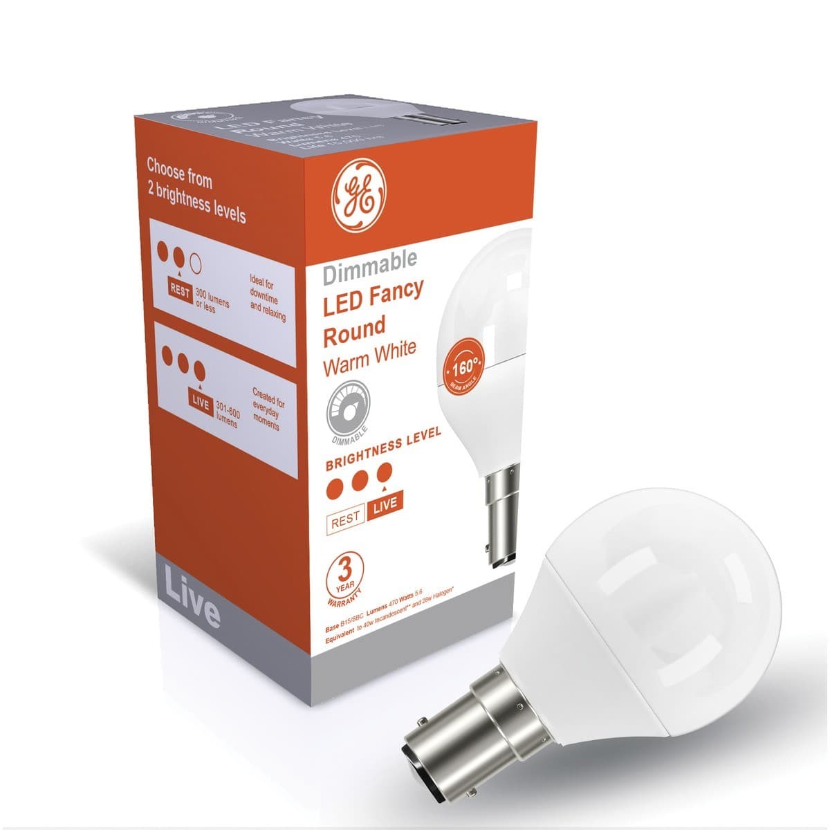 GE 5.6W Lustre LED Frosted SBC Dimmable Fancy Round Globe in Warm White