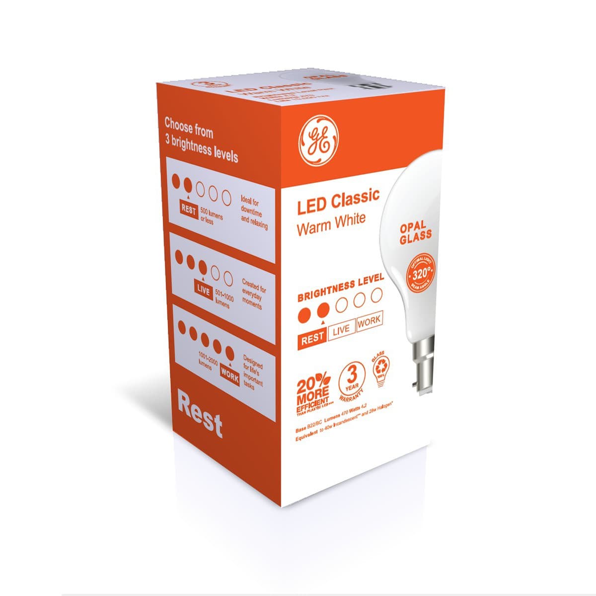 GE 4.3W Glass Opal BC LED GLS Globe in Warm White