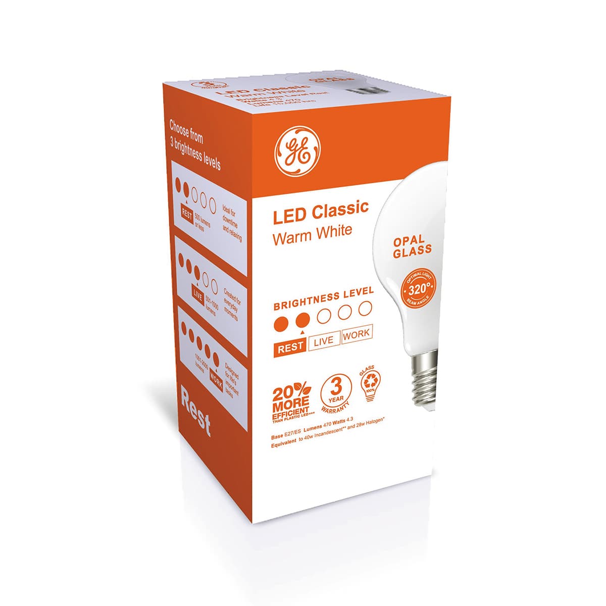 GE 4.8W Glass Opal ES LED GLS Globe in Warm White