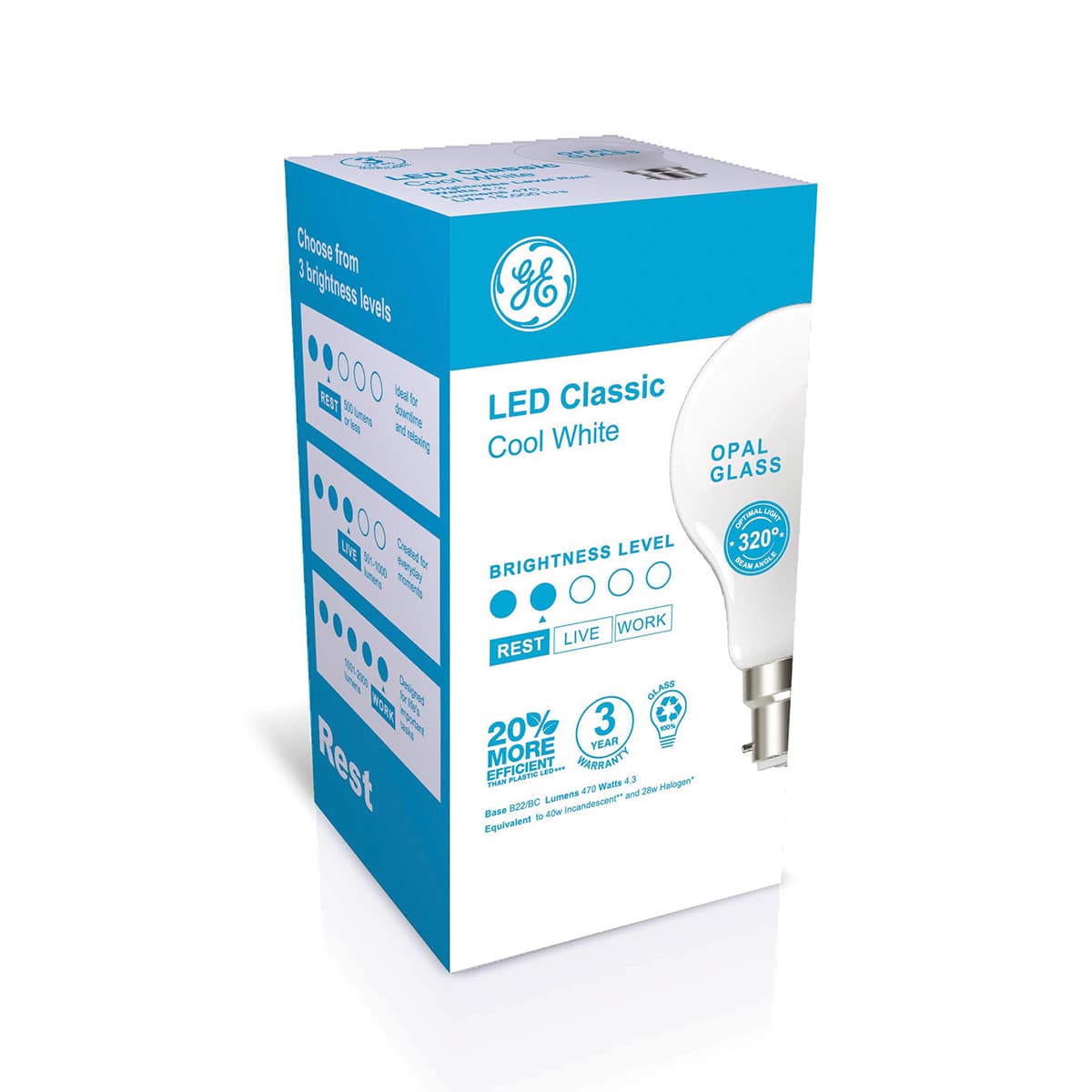 GE 4.3W Glass Opal BC LED GLS Globe in Cool White