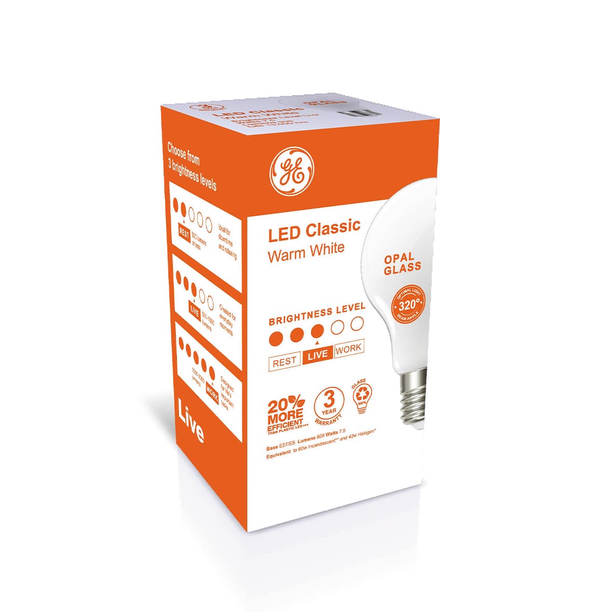 GE 6.5W Glass Opal ES LED GLS Globe in Warm White