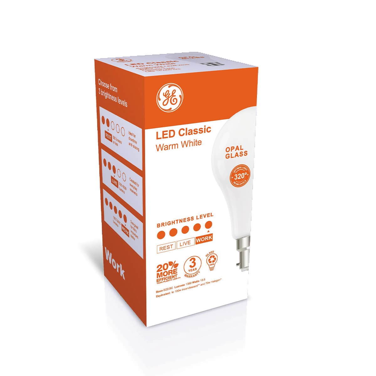 GE 10.5W Glass Opal BC LED GLS Globe in Warm White