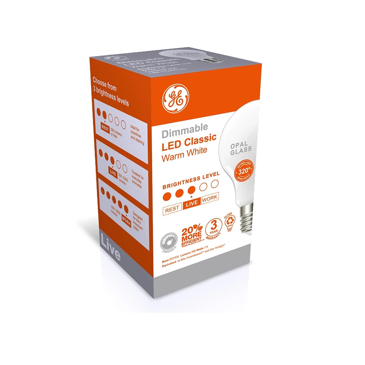 GE 6.5W Glass Opal Dimmable LED GLS ES Globe in Warm White