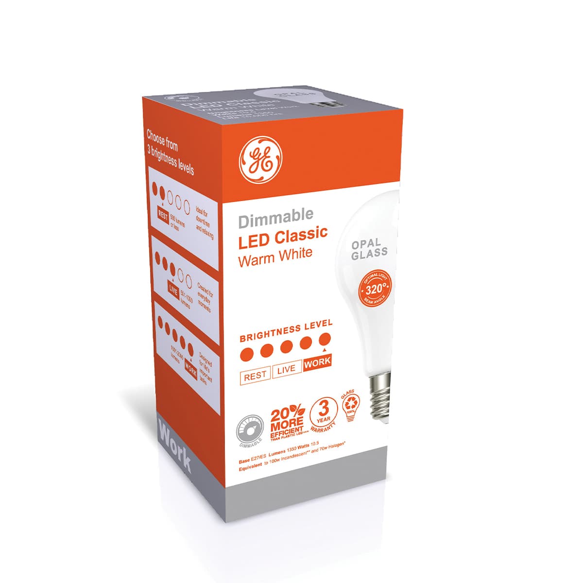GE 10W Dimmable Opal LED GLS ES Globe in Warm White