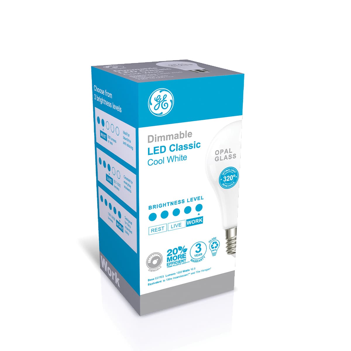 GE 12.5W Dimmable Opal LED GLS ES Globe in Cool White