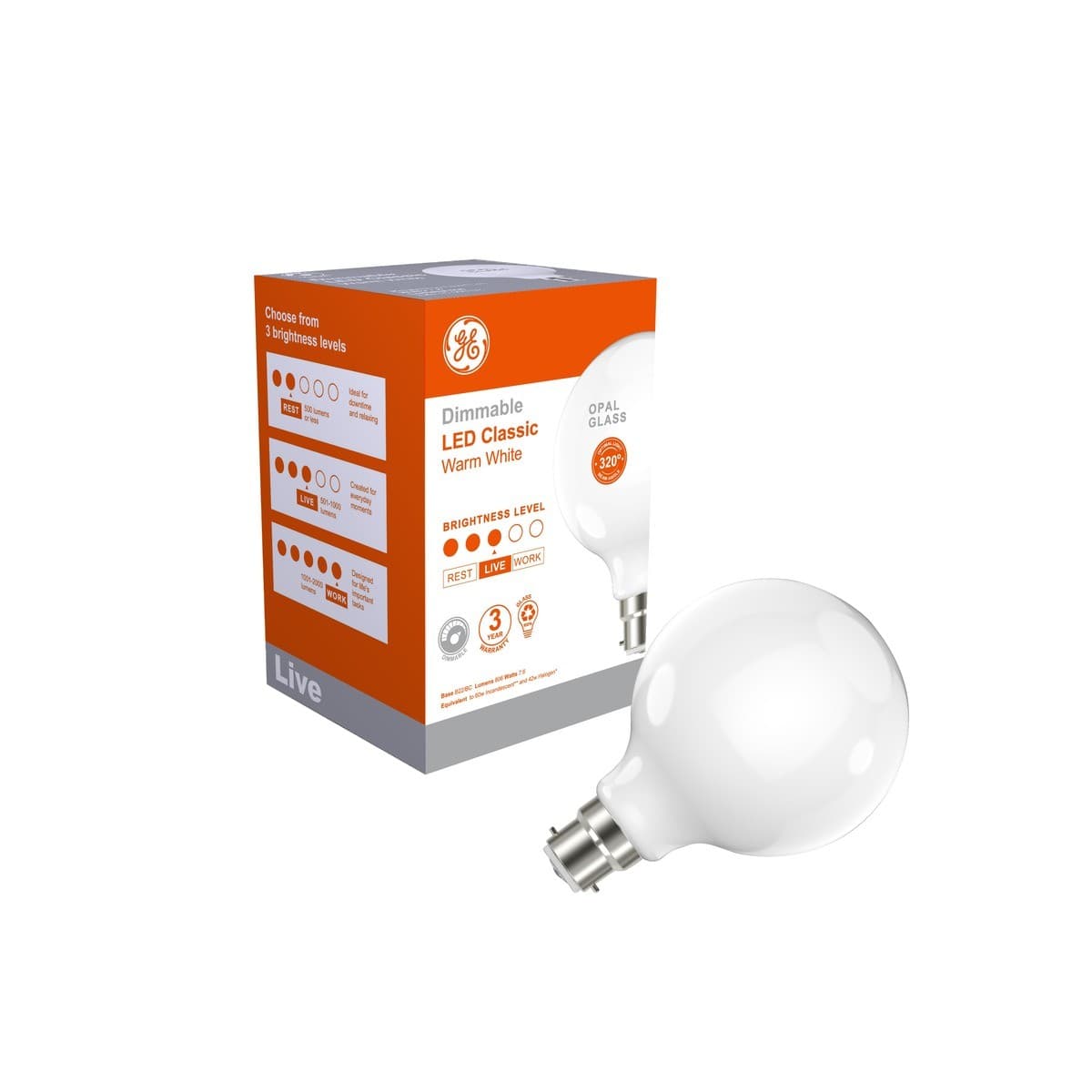 GE 7.6W Glass Opal Dimmable LED G95 BC Globe in Warm White