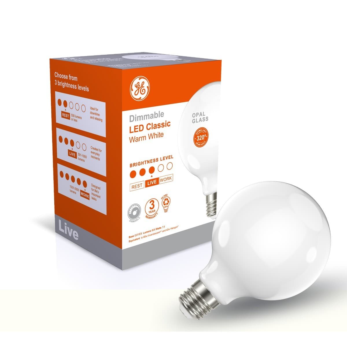 GE 7.6W Glass Opal Dimmable LED G95 ES Globe in Warm White