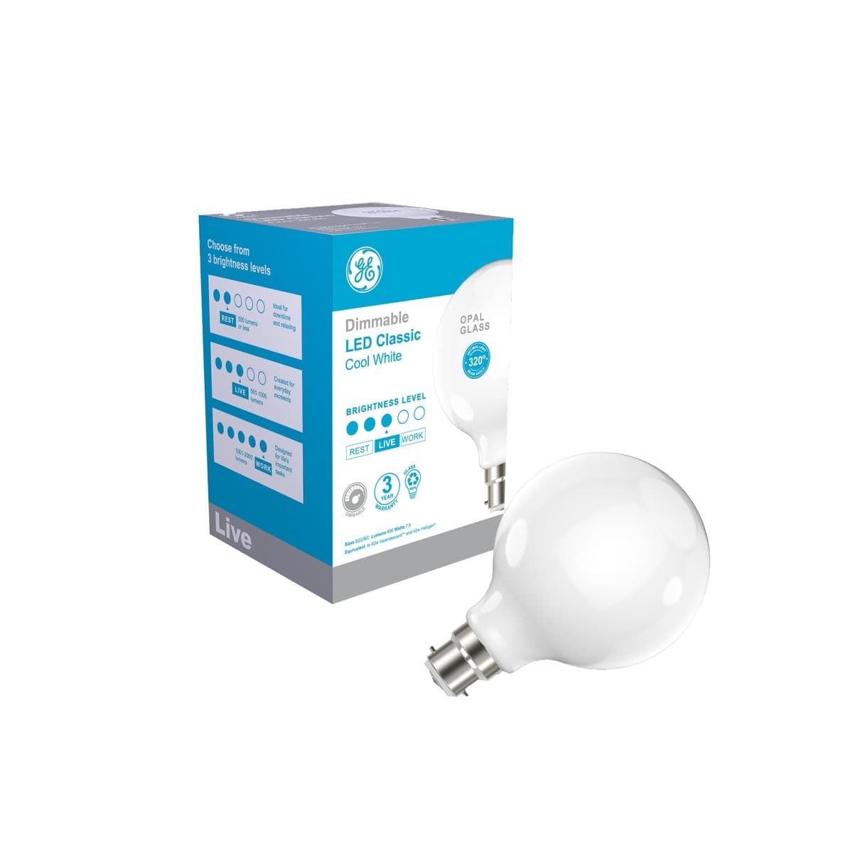 GE 7.6W Glass Opal Dimmable LED G95 BC Globe in Cool White