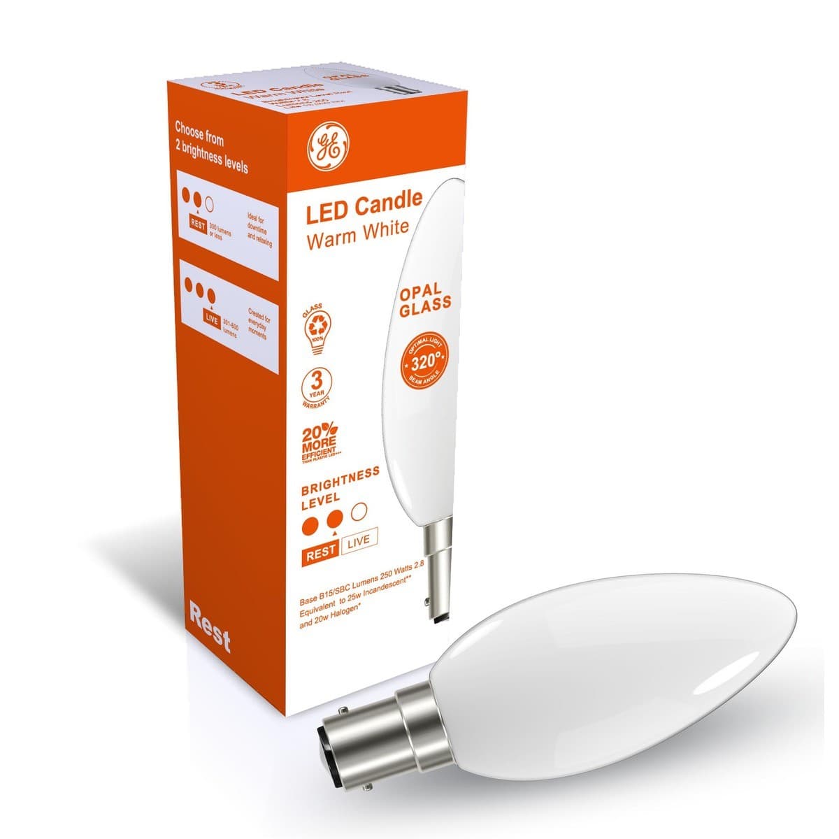 GE 2.8W LED Opal SBC Candle Warm White Globe