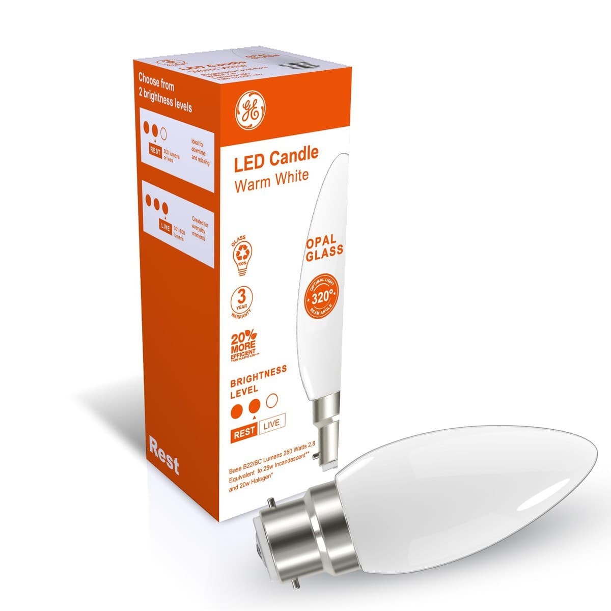 GE 2.8W LED Opal BC Candle Warm White Globe