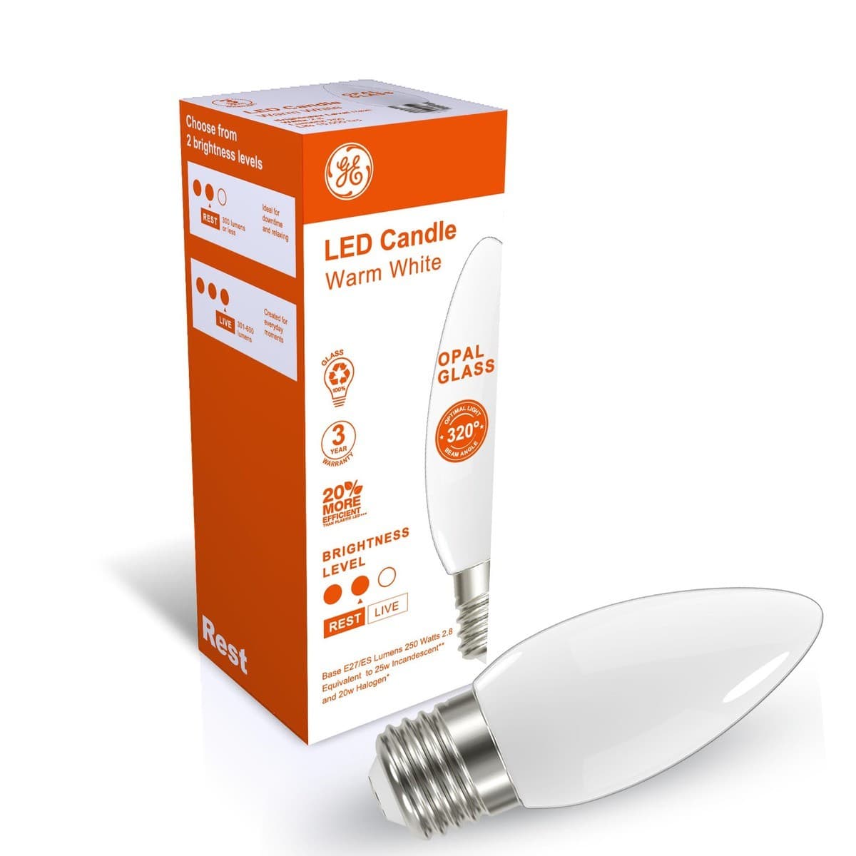 GE 2.8W LED Opal ES Candle Warm White Globe