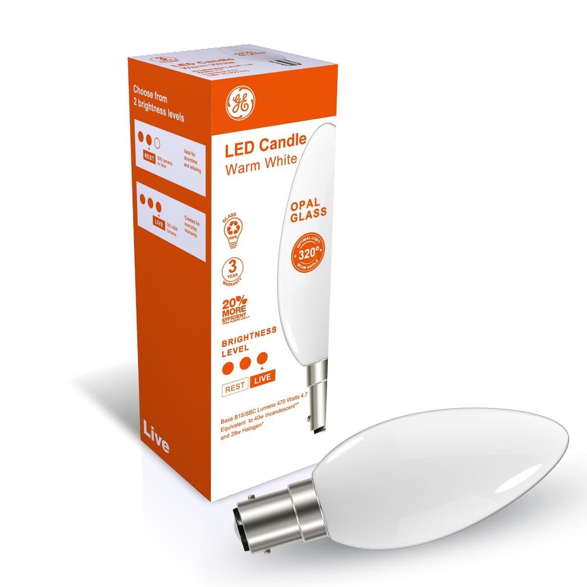 GE 4.7W LED Opal SBC Candle Warm White Globe