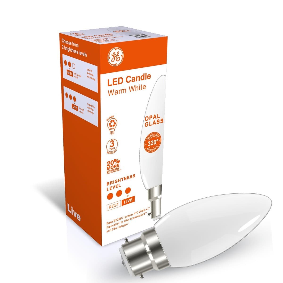 GE 4.7W LED Opal BC Candle Warm White Globe