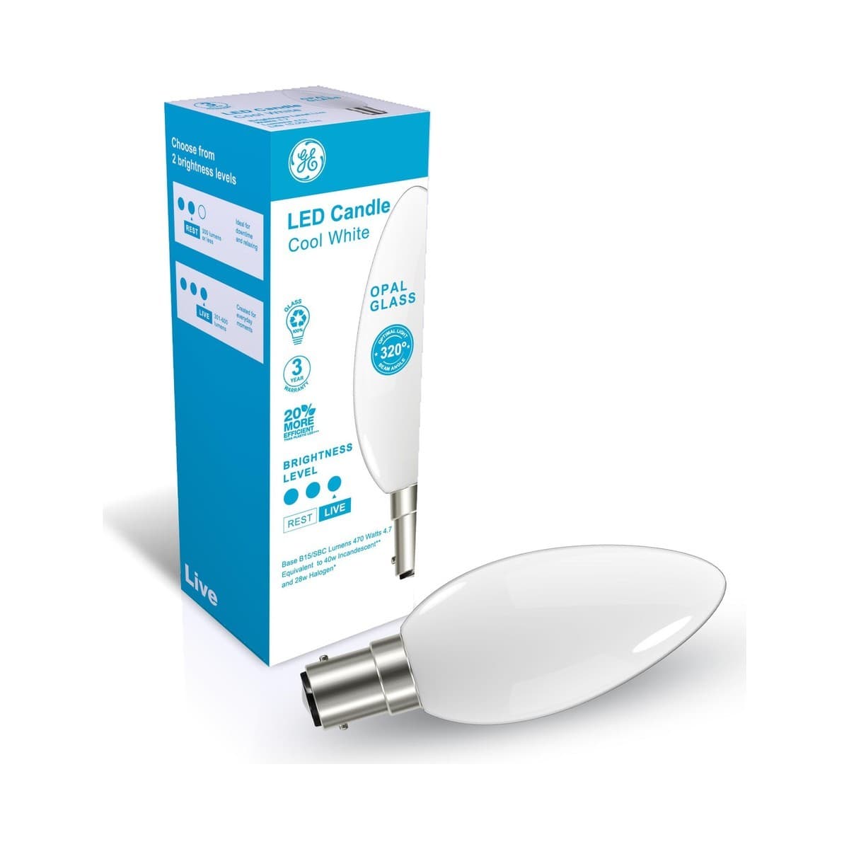 GE 4W Opal LED Candle SBC Globe in Cool White