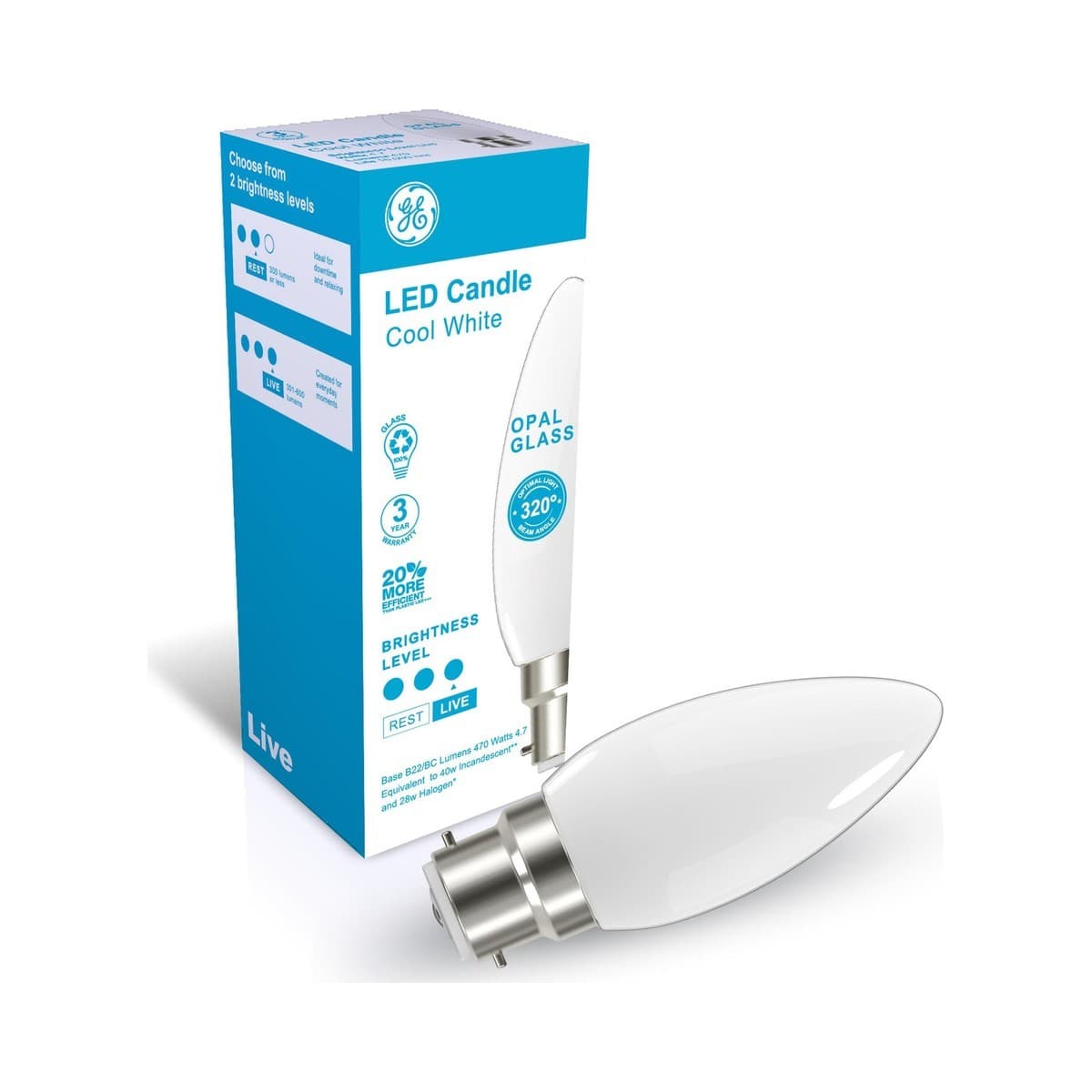 GE 4W Opal LED Candle BC Globe in Cool White
