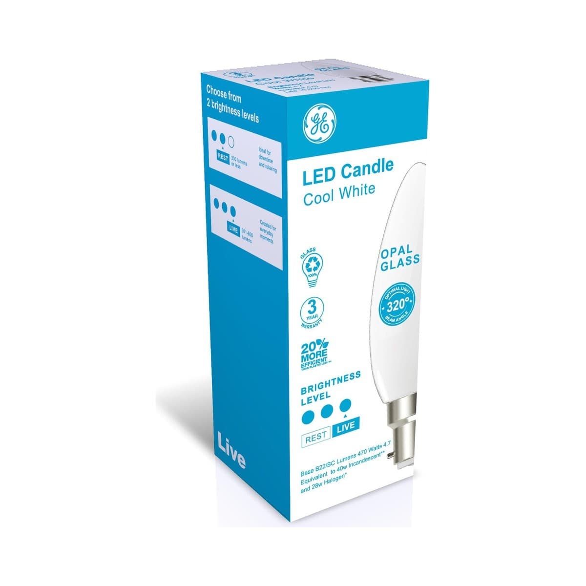GE 4W Opal LED Candle BC Globe in Cool White