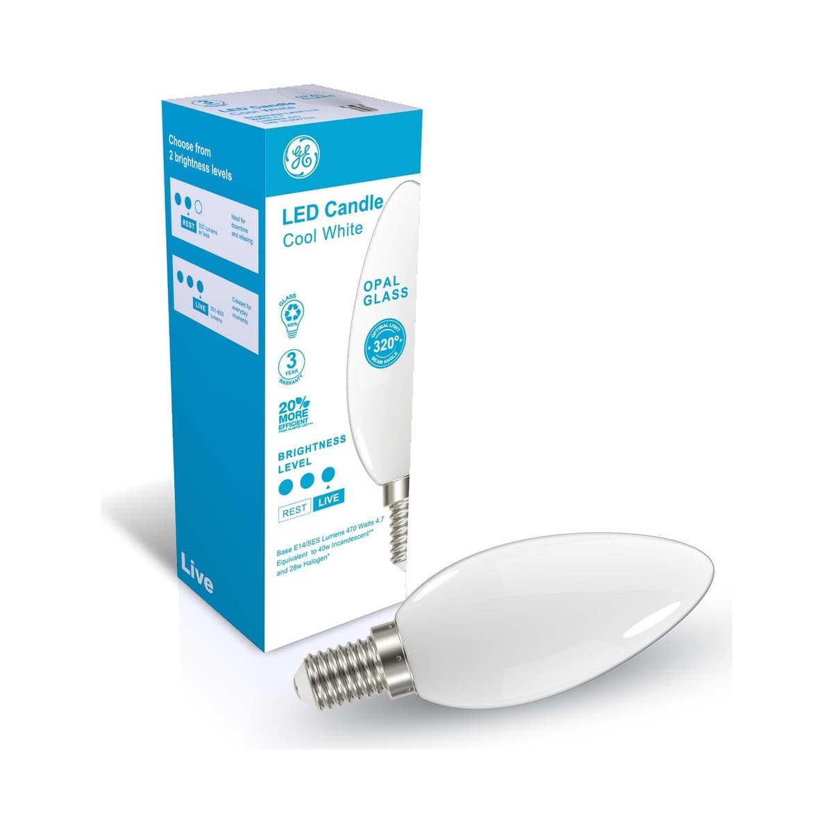 GE 4.7W LED Opal SES Candle Cool White Globe