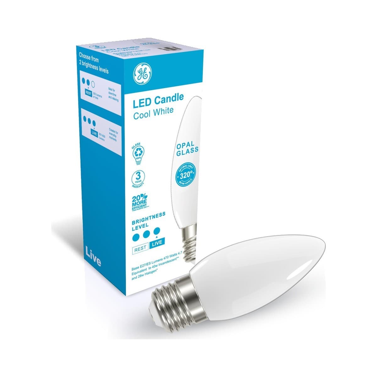 GE 4.7W LED Opal ES Candle Cool White Globe