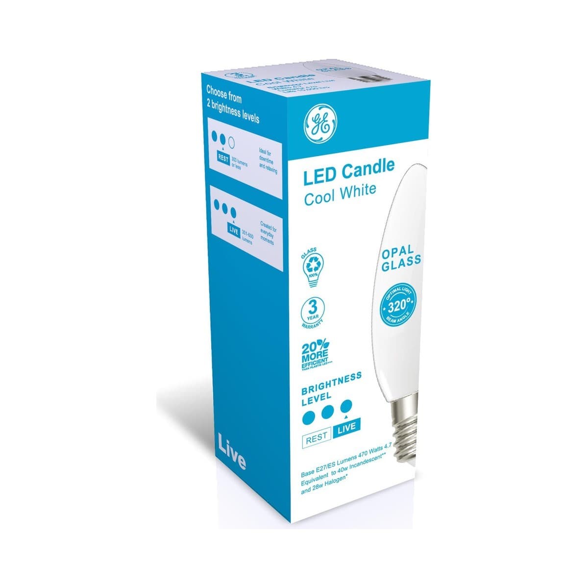 GE 4.7W LED Opal ES Candle Cool White Globe