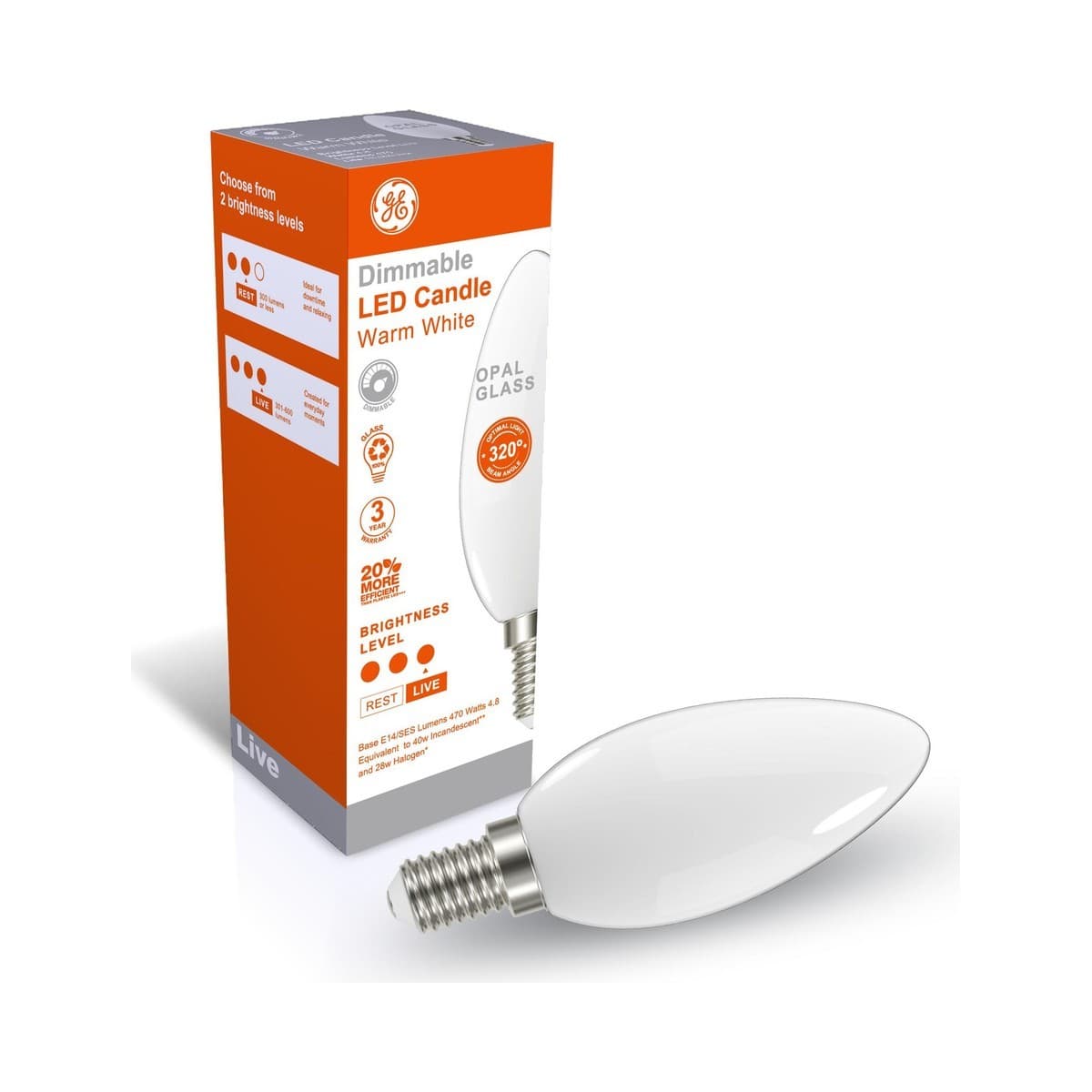 GE 4.8W Dimmable Opal LED Candle SES Globe in Warm White