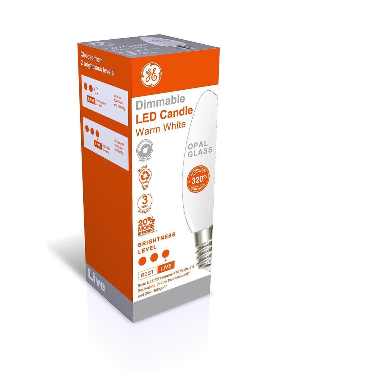 GE 5.5W Dimmable Opal LED Candle ES Globe in Warm White