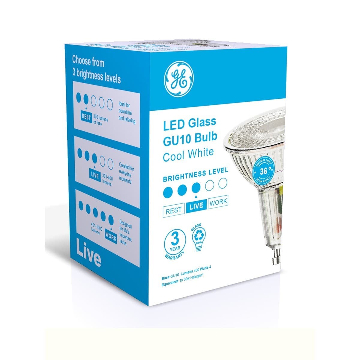 GE 4W 400 Lumen Glass LED GU10 Globe in Cool White