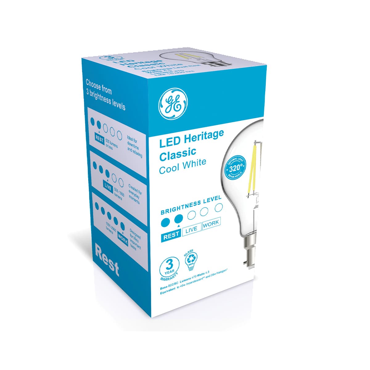 GE 4.3W Heritage LED GLS BC Globe in Cool White
