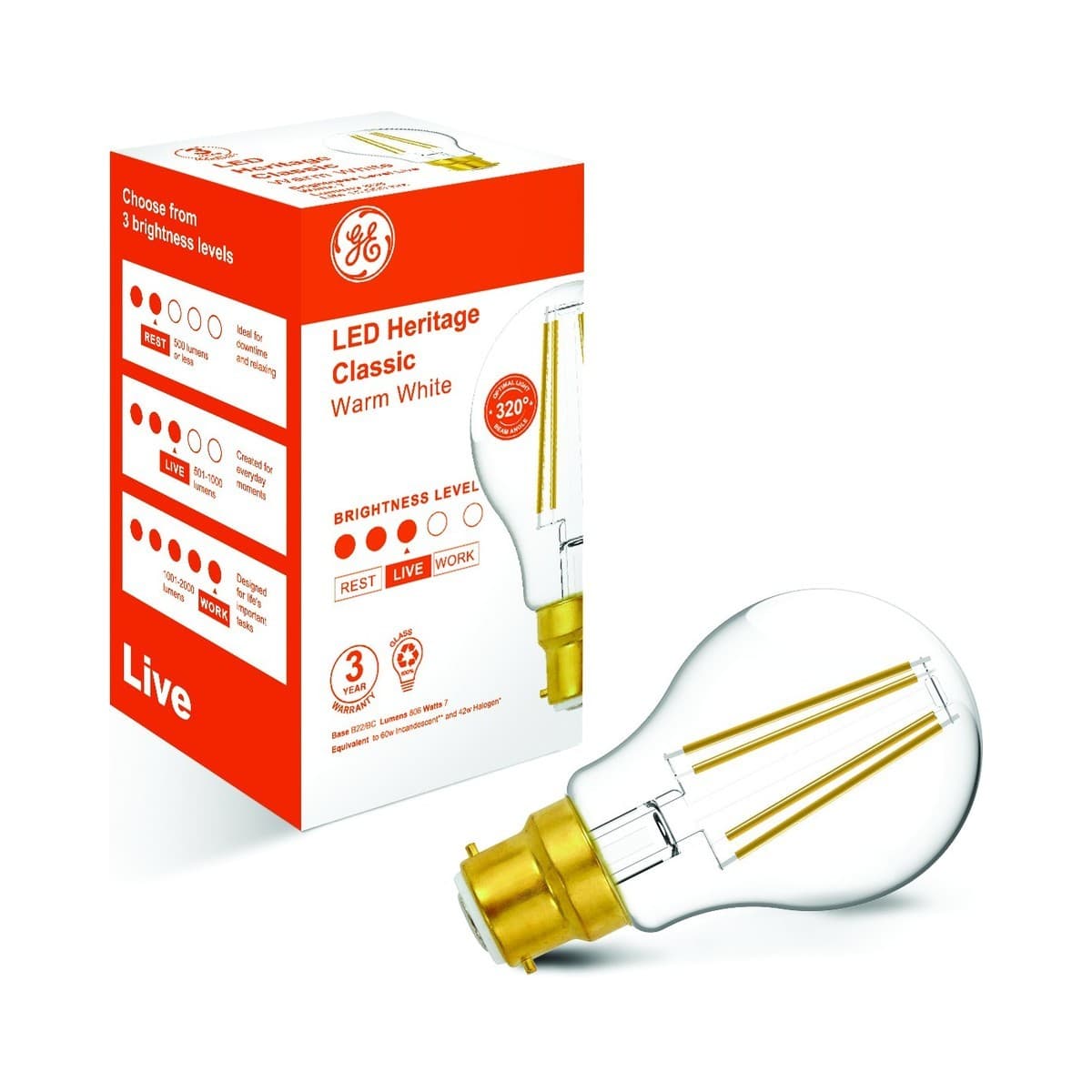 GE 7W Heritage LED GLS BC Globe in Warm White