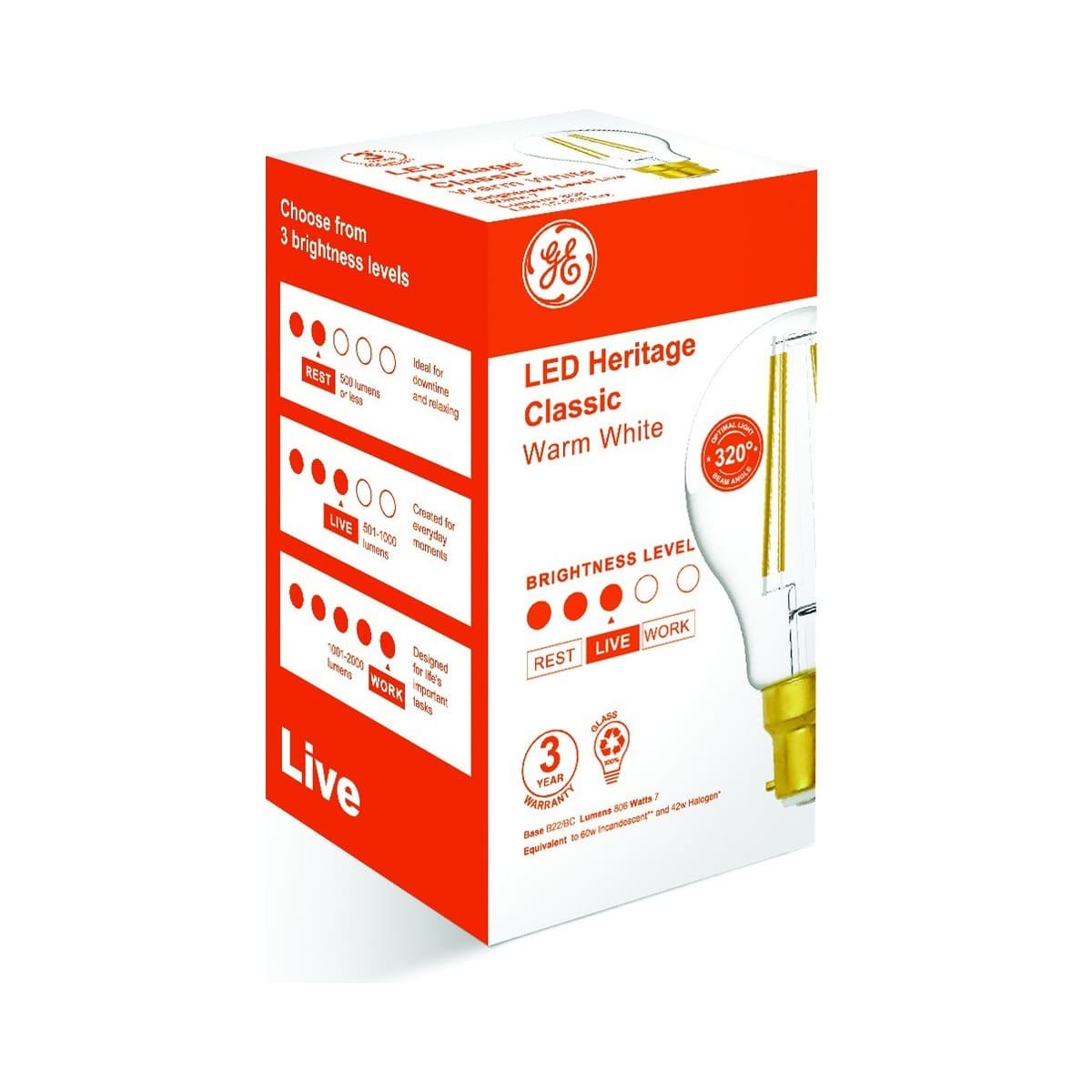 GE 7W Heritage LED GLS BC Globe in Warm White