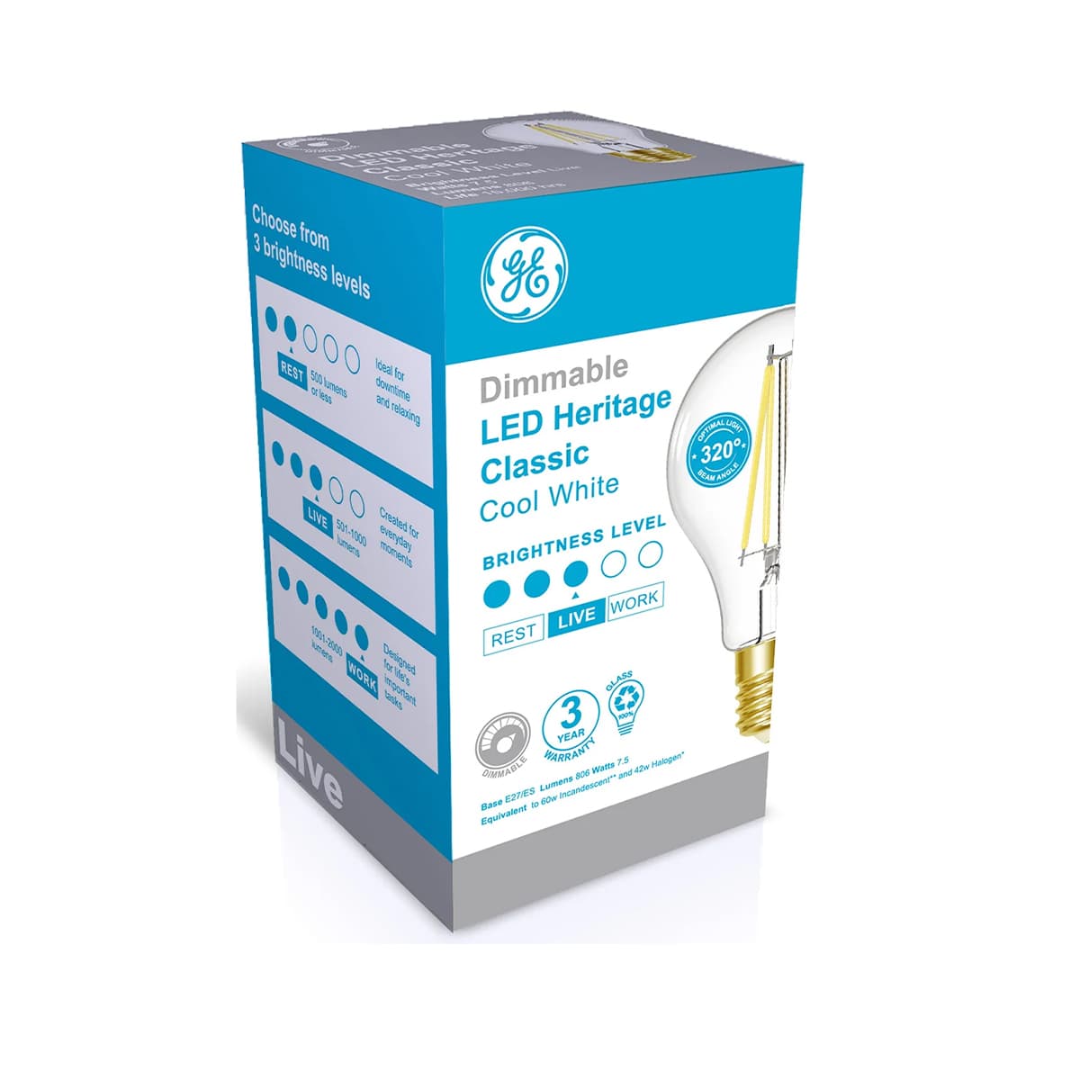 GE 7.5W Heritage Dimmable LED GLS ES Globe in Cool White