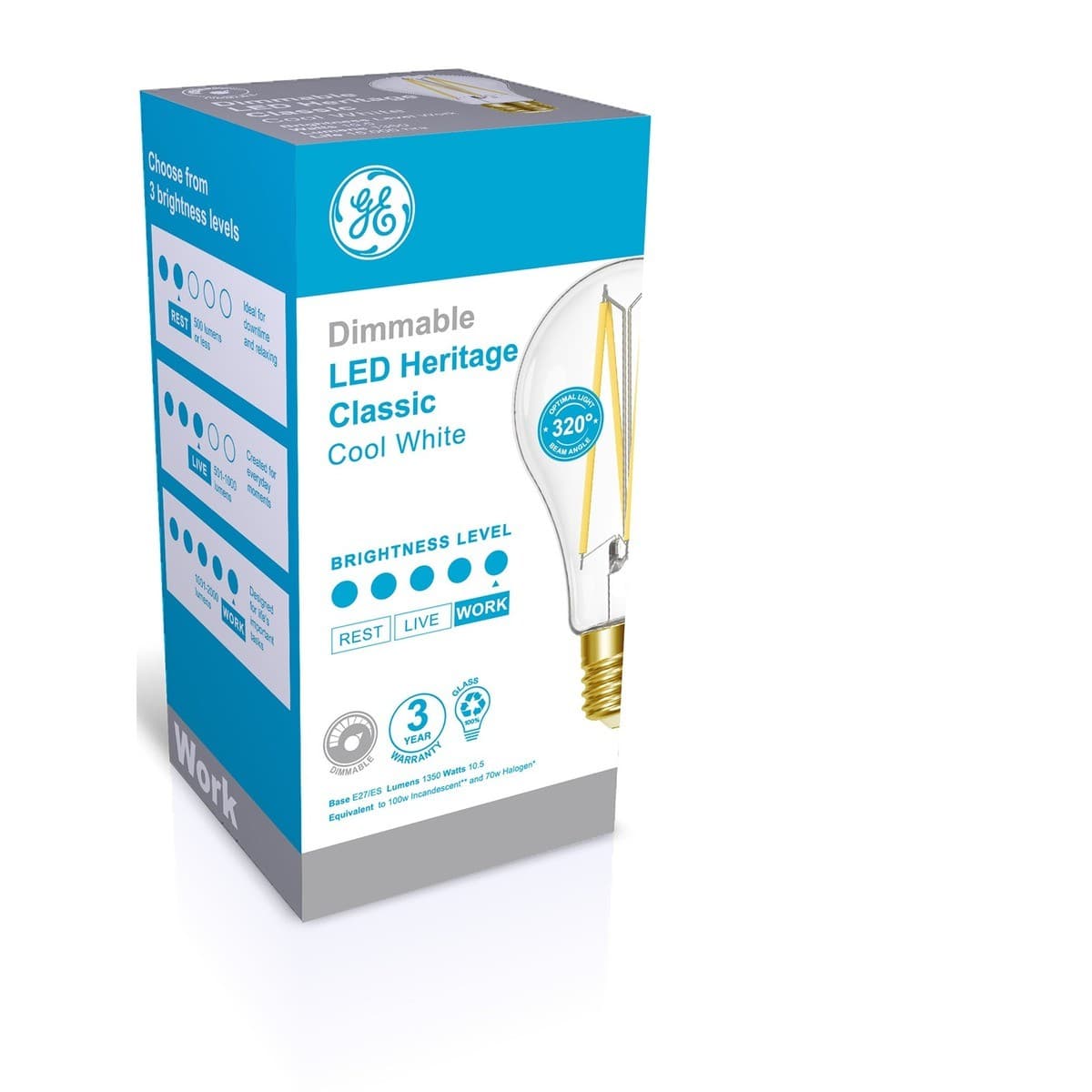 GE 10.5W Heritage Dimmable LED GLS ES Globe in Cool White