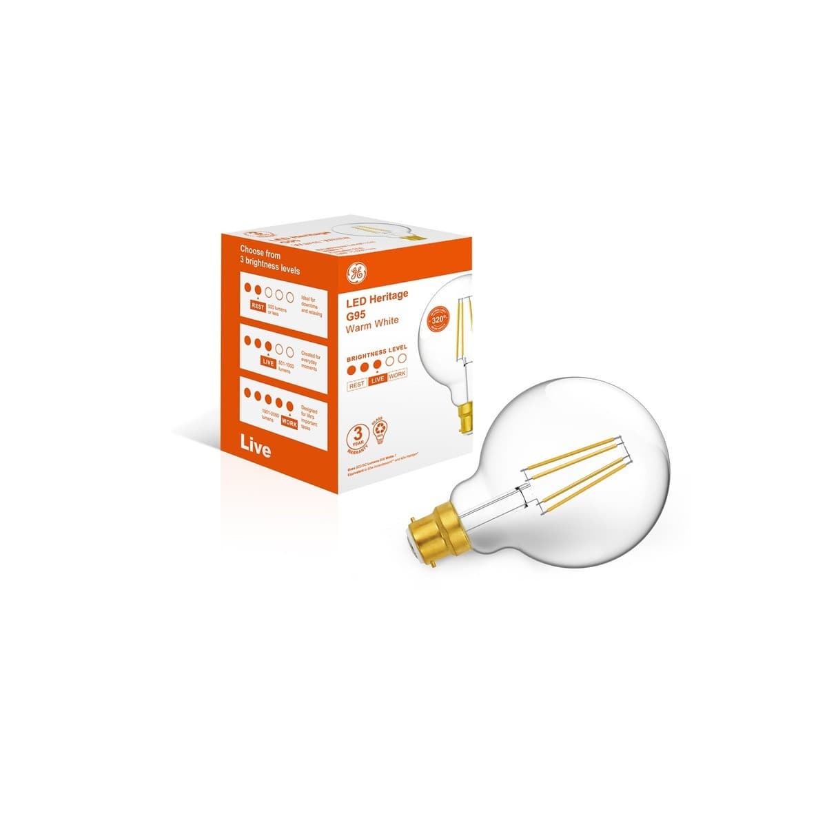 GE 7W Clear LED G95 BC Globe in Warm White