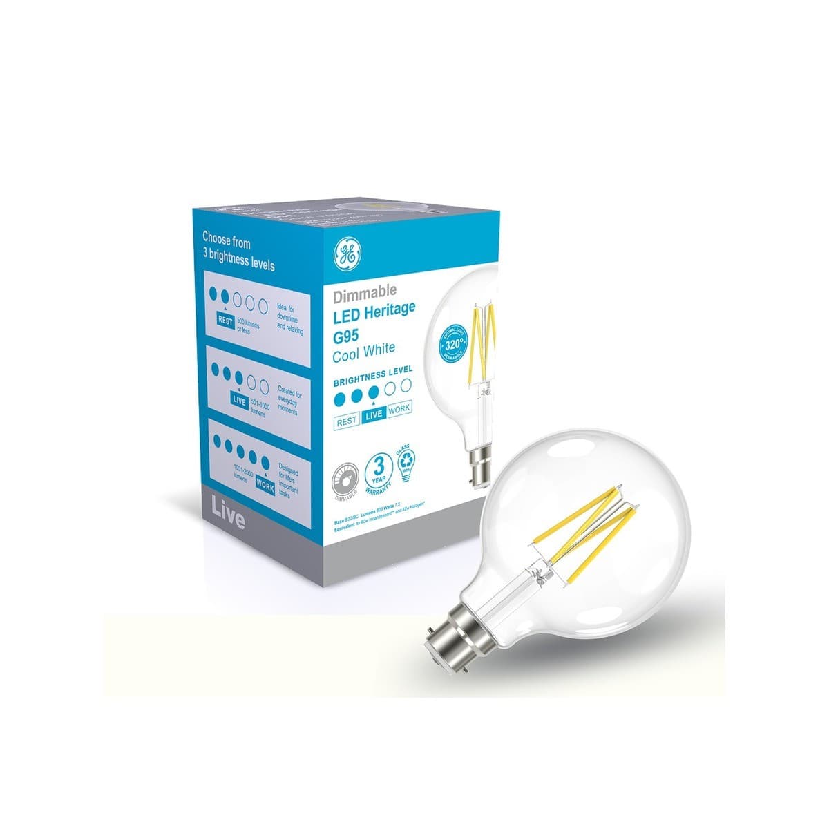 GE 7.5W Clear Dimmable LED G95 BC Globe in Cool White