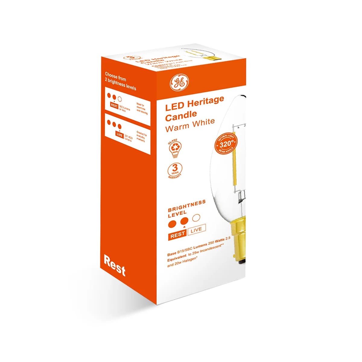 GE 2.5W Heritage LED Candle SBC Globe in Warm White