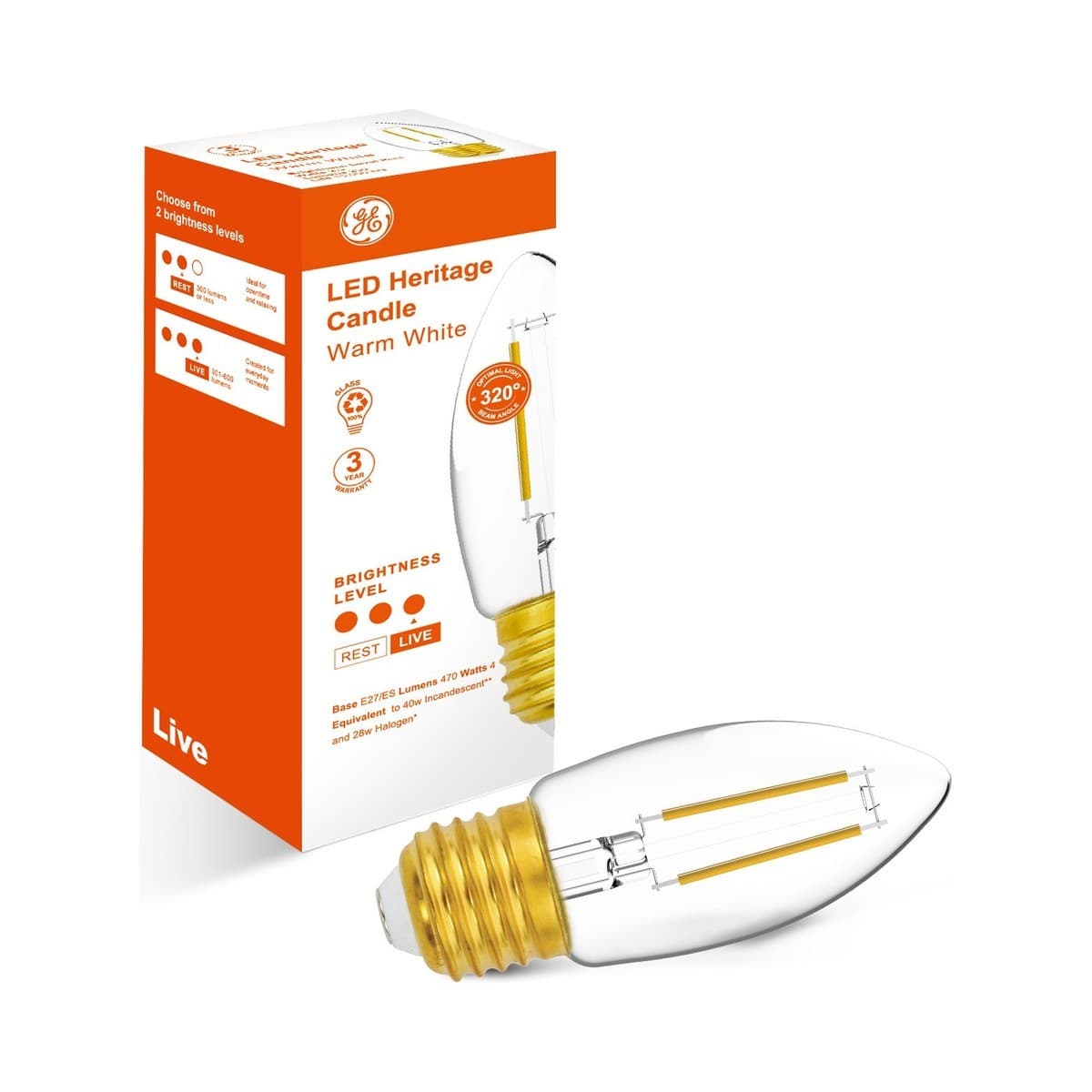 GE 4W Heritage LED Candle ES Globe in Warm White