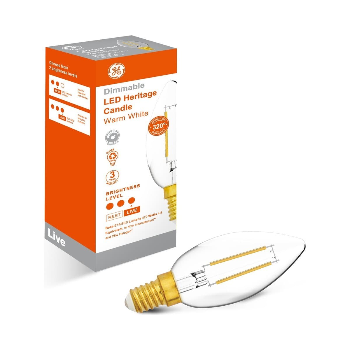 GE 4.8W Heritage Dimmable LED Candle SES Globe in Warm White