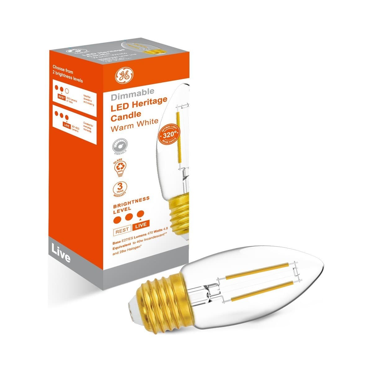 GE 4.8W Heritage Dimmable LED Candle ES Globe in Warm White
