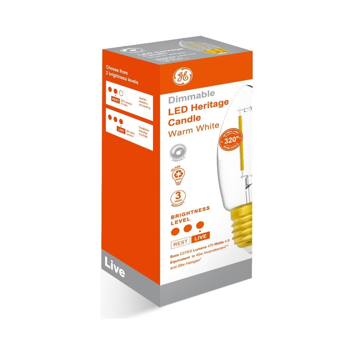 GE 4.8W Heritage Dimmable LED Candle ES Globe in Warm White